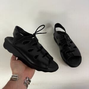 Wolky Natu Fisherman Sandal Women's 6 Black Leather Open-Toe Lace-Up Comfort